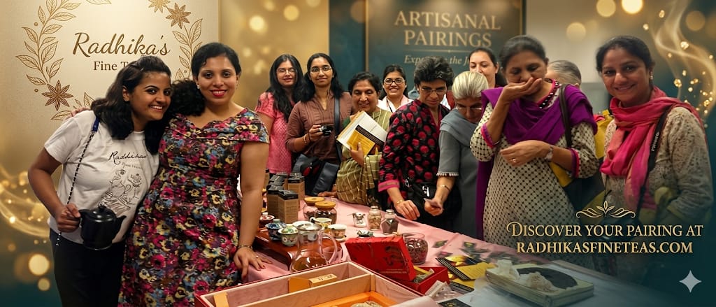 Group of women gathered around a table with Radhika's Fine Teas products, promotional text overlay.