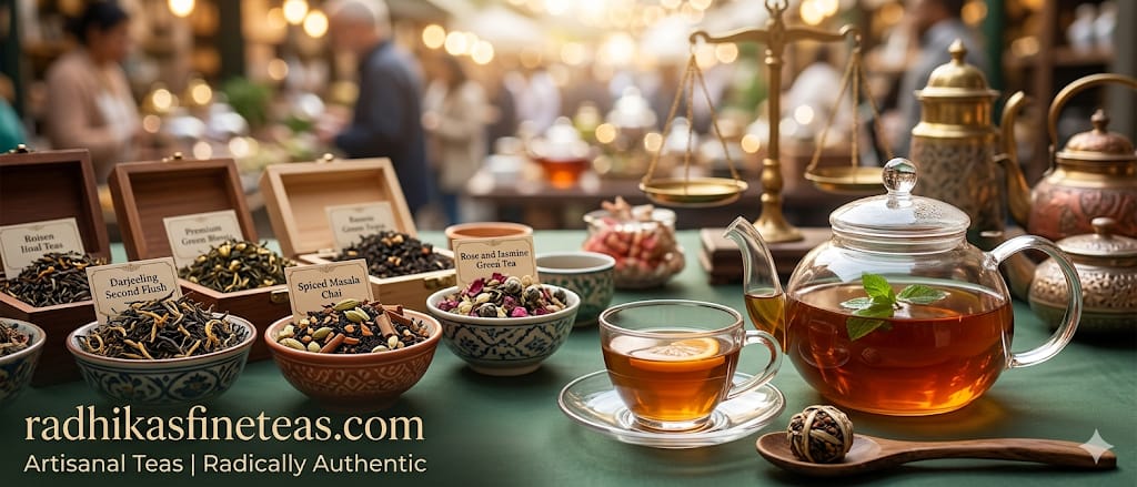 Tea display with teapots, cups, and tea leaves on a table with a blurred background.