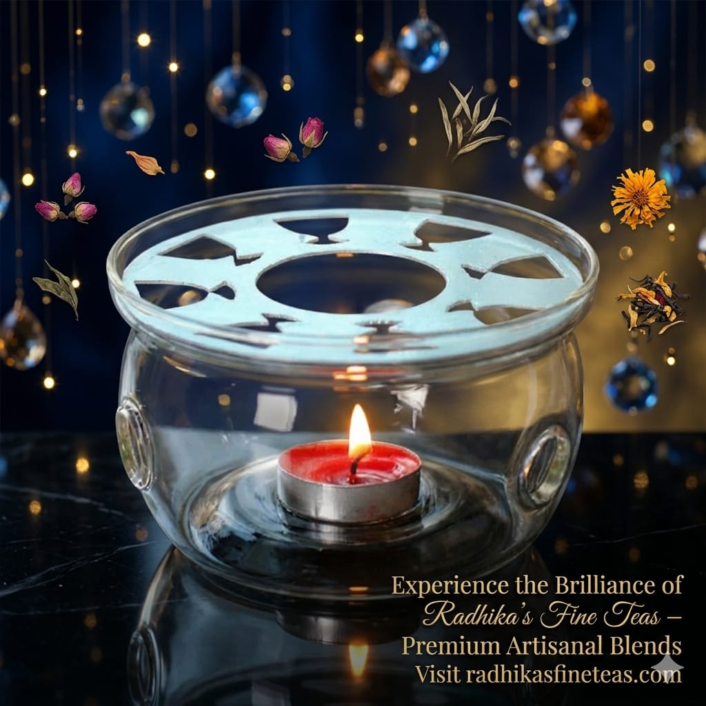 Glass tea light holder with a lit candle on a dark background with decorative elements.