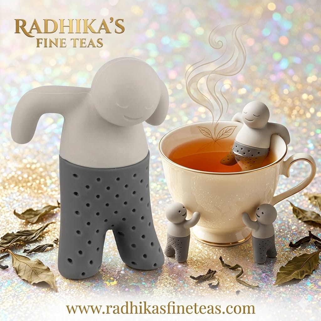 Tea infuser shaped like a person with smaller figures around a teacup, featuring Radhika's Fine Teas branding.