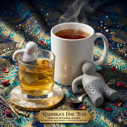 Tea-making setup with a mug, glass, and tea infusers on a decorative background with 'Radhika's Fine Teas' branding.