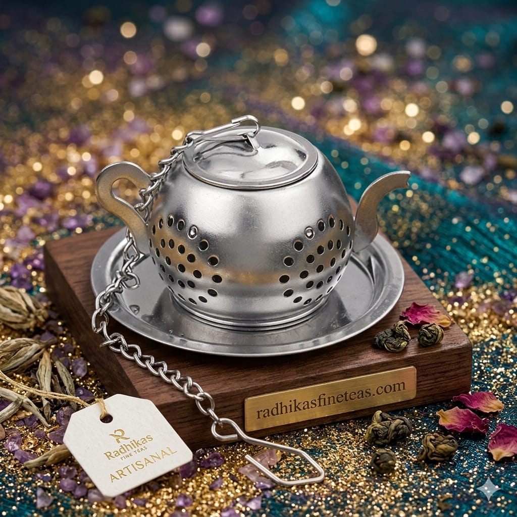 Silver tea ball infuser on a wooden stand with decorative background