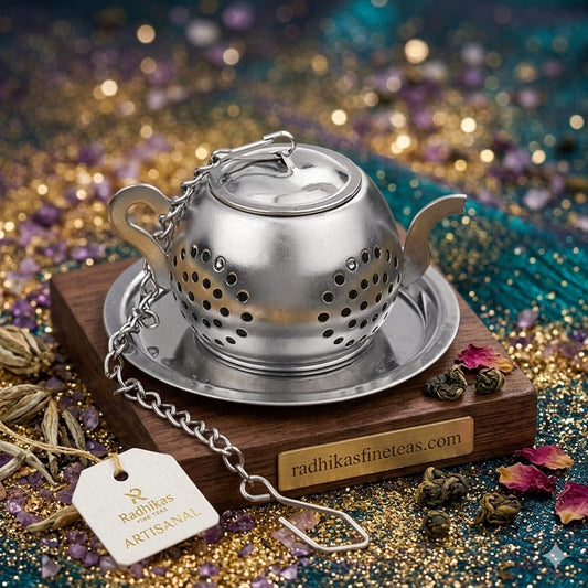 Silver tea ball infuser on a wooden stand with decorative background