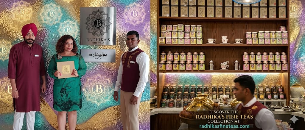People standing in front of a tea shop with shelves displaying various tea products.