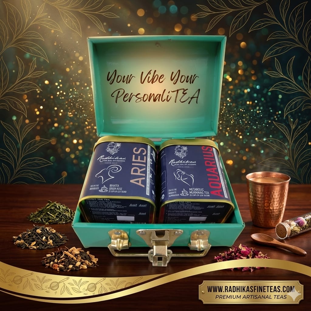 Tea packaging with 'Your Vibe Your PersonaliTEA' text on a decorative background.