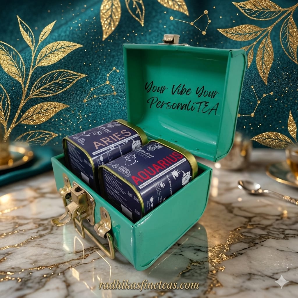 Tea canisters labeled 'Aries' and 'Aquarius' in a teal box with decorative background.