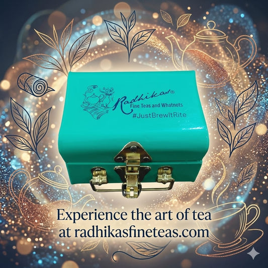Teal treasure chest with Radhika Tea branding on a decorative background with tea-themed illustrations.