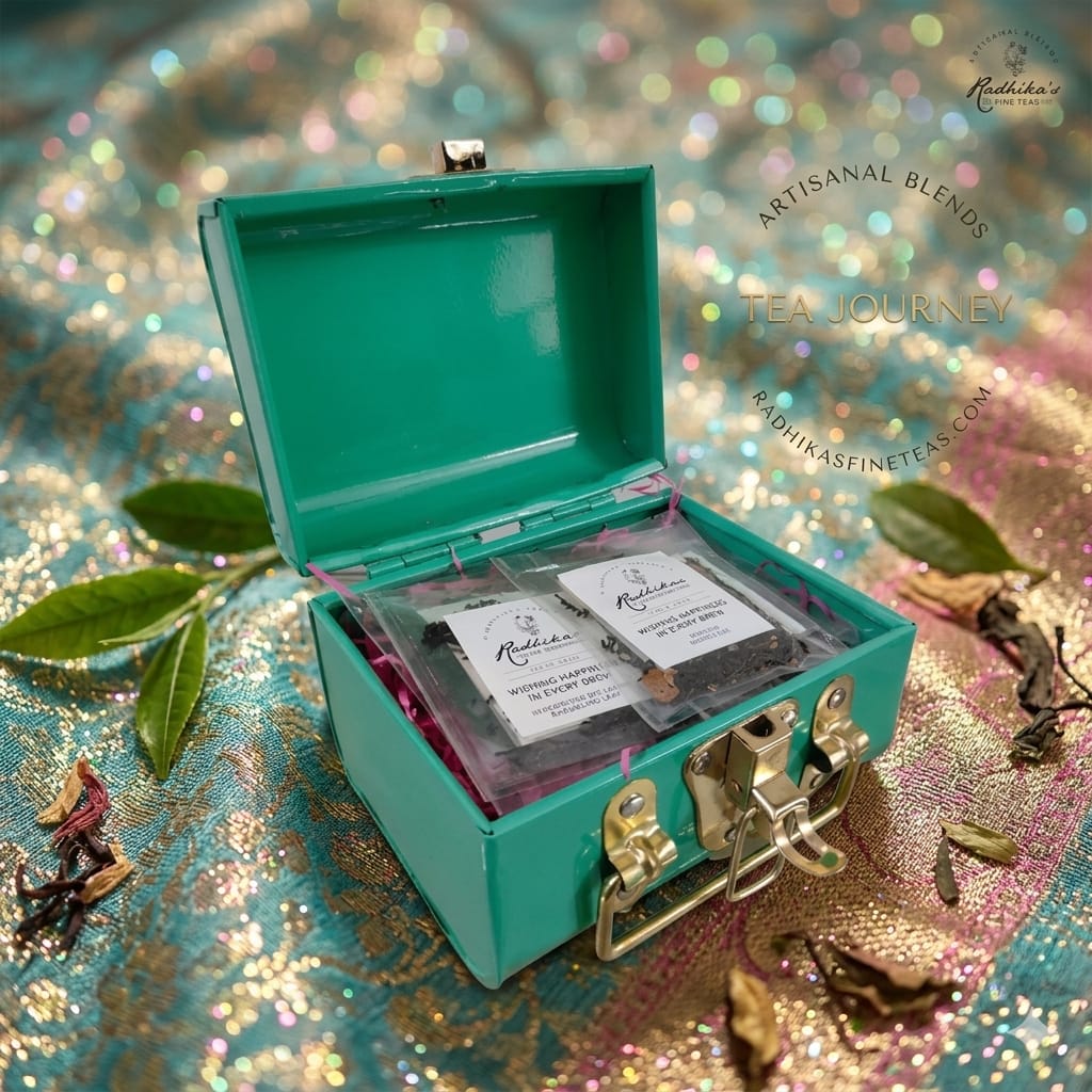 Teal tea box with tea bags on a decorative background