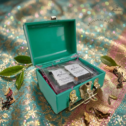 Teal tea box with tea bags on a decorative background