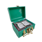 A green trunk with the lid open, containing packets of tea leaves and a strainer.