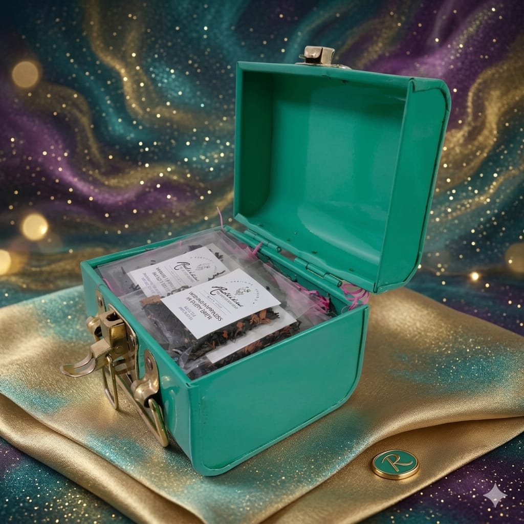 Teal jewelry box with compartments on a gold and space-themed background