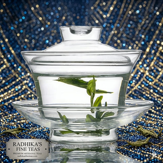 Clear glass teapot with green tea leaves on a decorative background, featuring Radhika's Fine Teas branding.