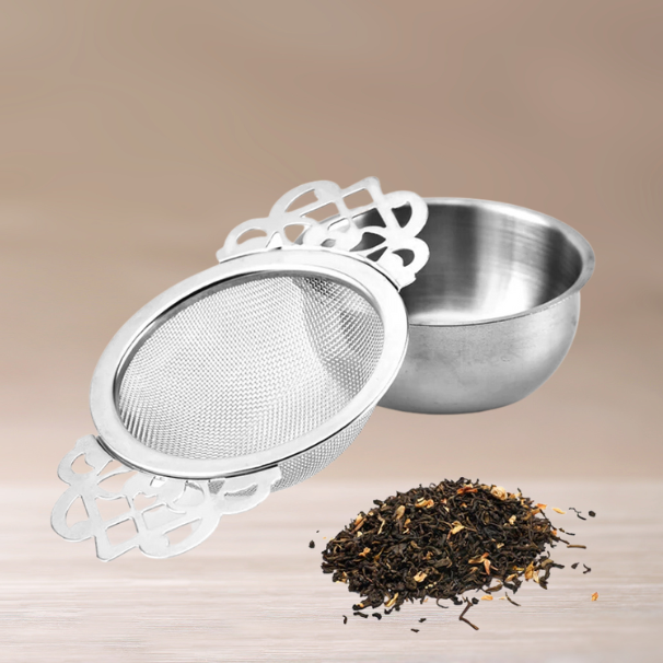 Stainless Steel Tea Strainer with Holder - Traditional and Practical - Radhikas Fine Teas and Whatnots