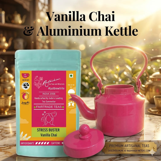 Vanilla Chai tea package with a pink kettle on a blurred background