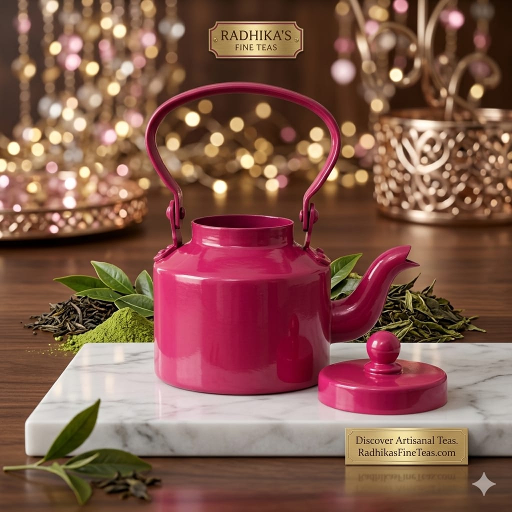Pink teapot on a marble surface with blurred lights and decorative elements in the background.