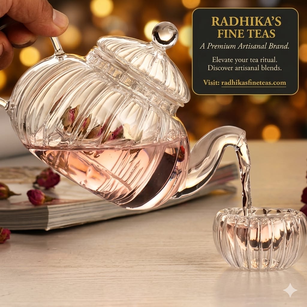 Clear glass tea infuser with floral elements being used to pour tea into a small glass container on a wooden surface.