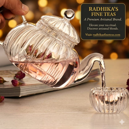 Clear glass tea infuser with floral elements being used to pour tea into a small glass container on a wooden surface.