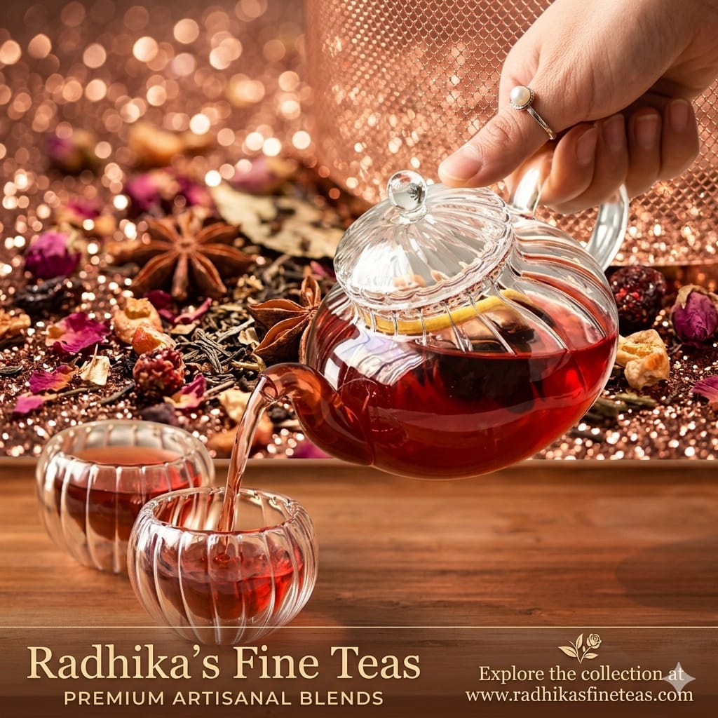 Tea being poured from a glass teapot into a cup with Radhika's Fine Teas branding.