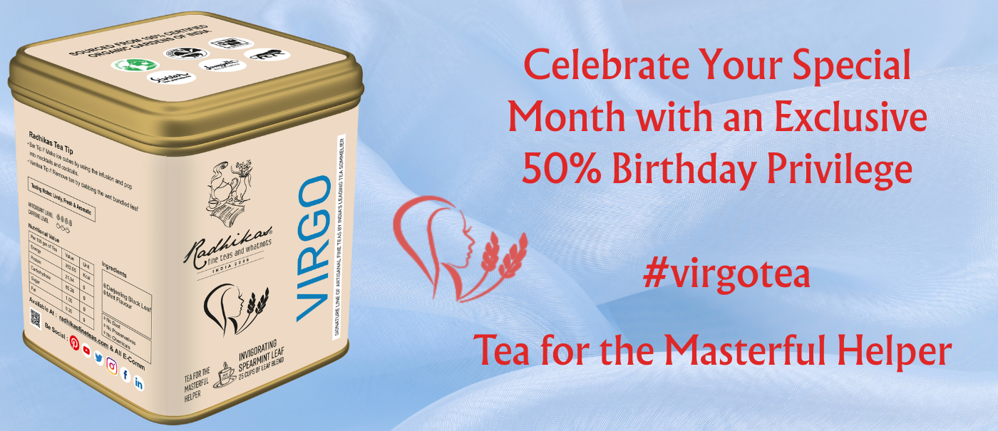 A gold and beige metal tin of Virgo tea on a light blue background with promotional text offering a 50% birthday privilege and the hashtag #virgotea.