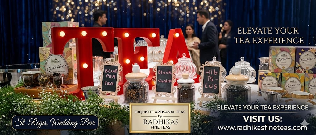 Tea-themed wedding bar setup with decorative lights and tea packaging.