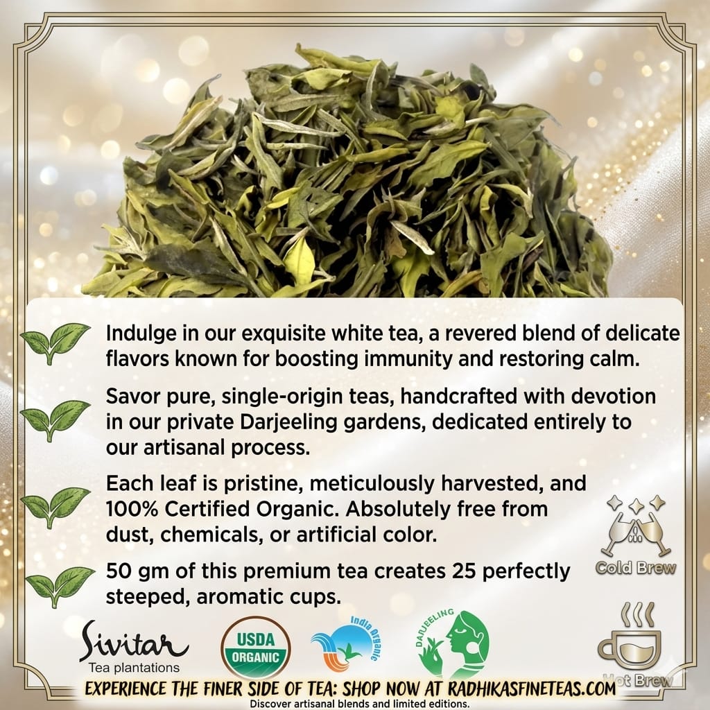 Green tea leaves with promotional text about organic tea on a decorative background
