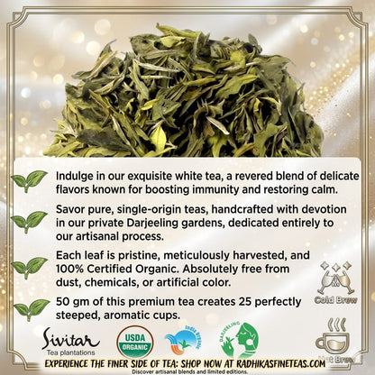 Green tea leaves with promotional text about organic tea on a decorative background