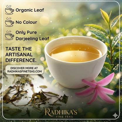 Tea cup with tea leaves and a pink flower, featuring Radhika's Fine Teas branding.