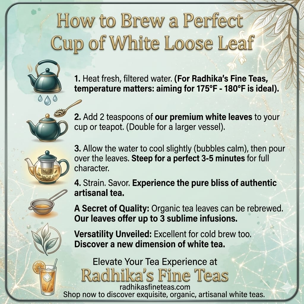 Instructions on how to brew a perfect cup of white loose leaf tea with Radhika's Fine Teas branding.