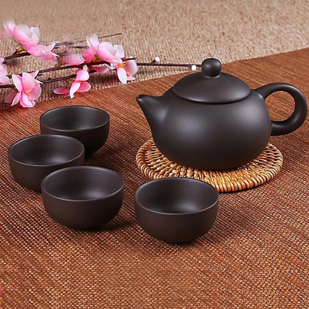 Yixing Kettle Set With 4 Cups Dark Brown