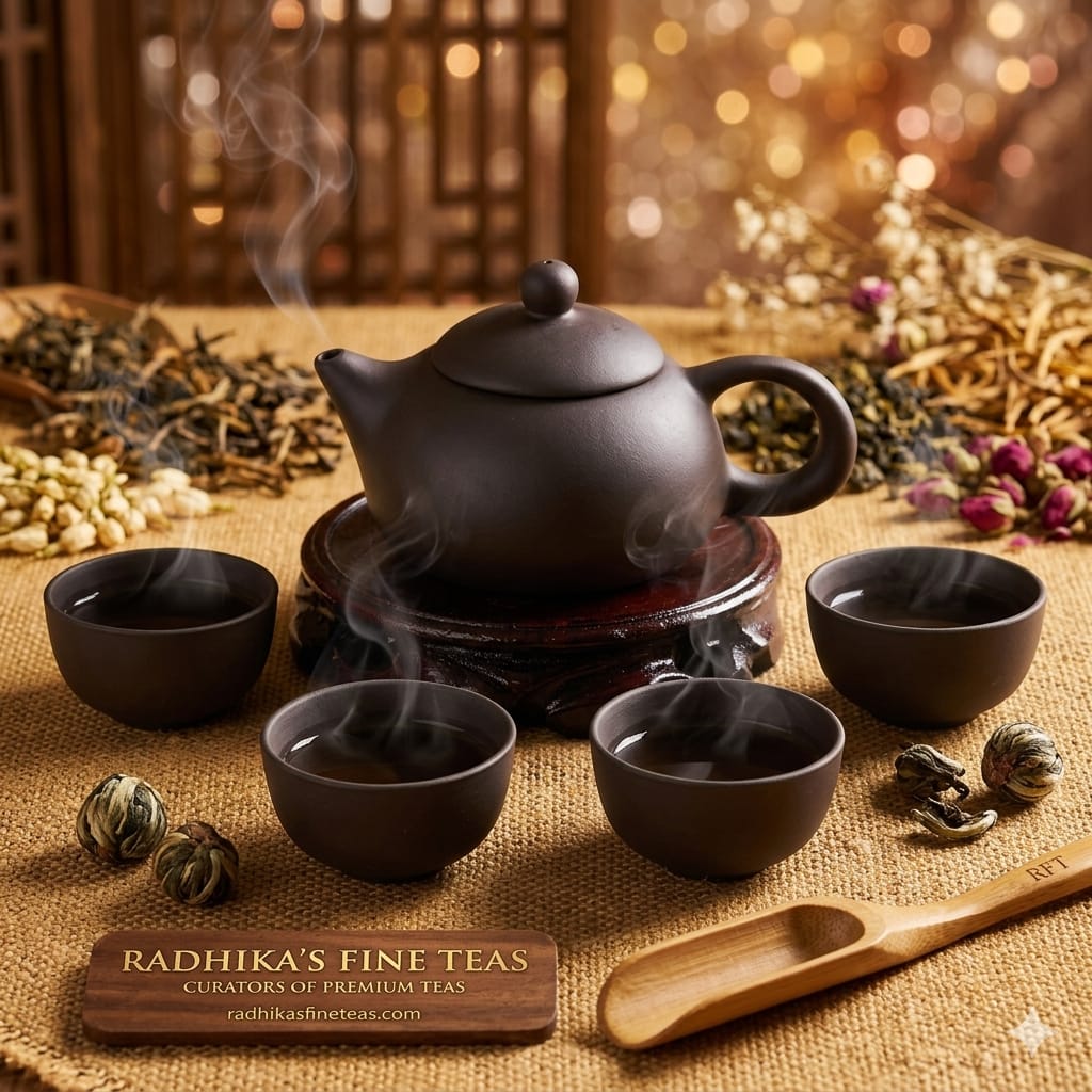 Tea set with teapot and cups on a textured surface, featuring Radhika's Fine Teas branding.