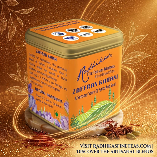 Orange tea canister with brand name on a decorative background