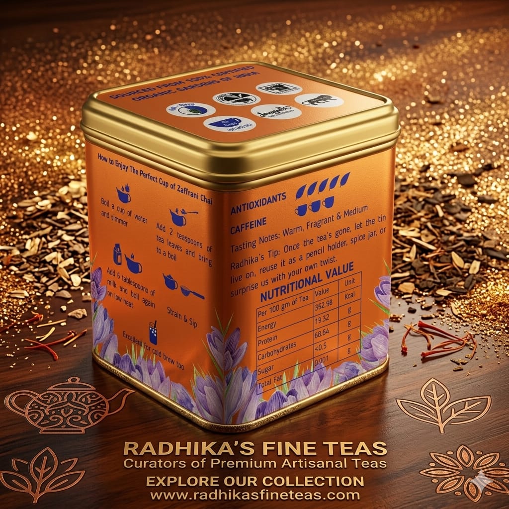 Orange tea tin with nutritional information on a wooden background, featuring Radhika's Fine Teas branding.