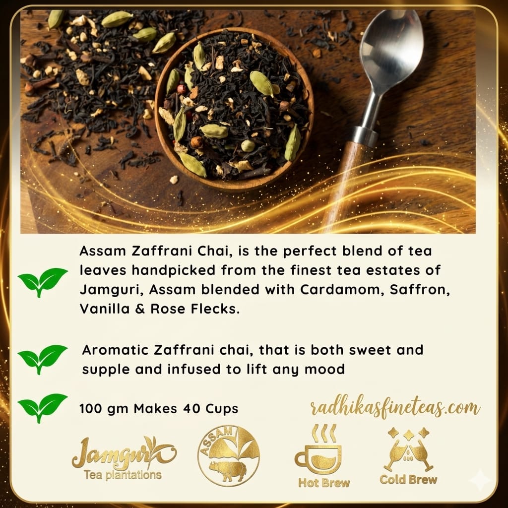 Tea leaves with a spoon on a wooden surface, featuring text about Assam Zaffrani Chai and branding details.