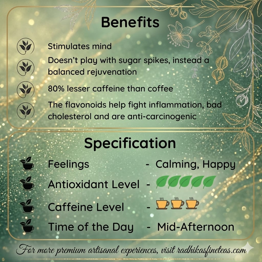 Product benefits and specifications on a green background with floral designs