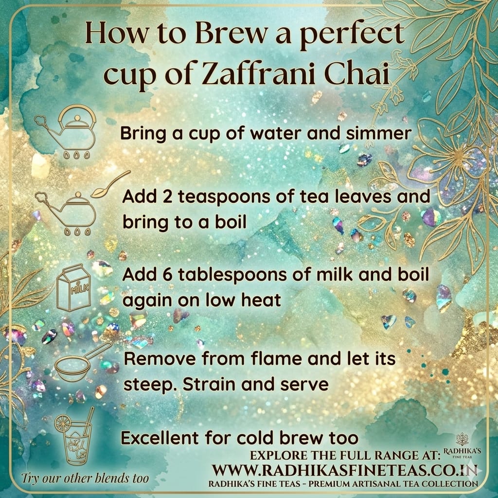 Instructions for brewing Zaffrani Chai with decorative elements on a teal background