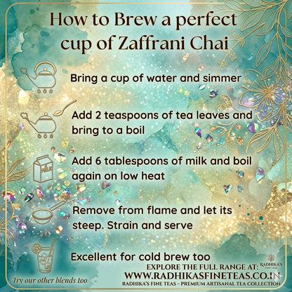 Instructions for brewing Zaffrani Chai with decorative elements on a teal background