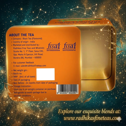 Tea tin with orange label on a starry space-themed background