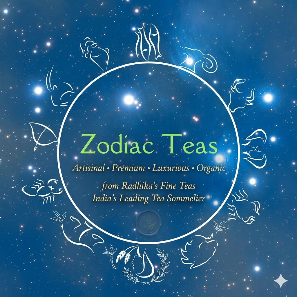Zodiac Teas branding with astrological signs on a starry night sky background