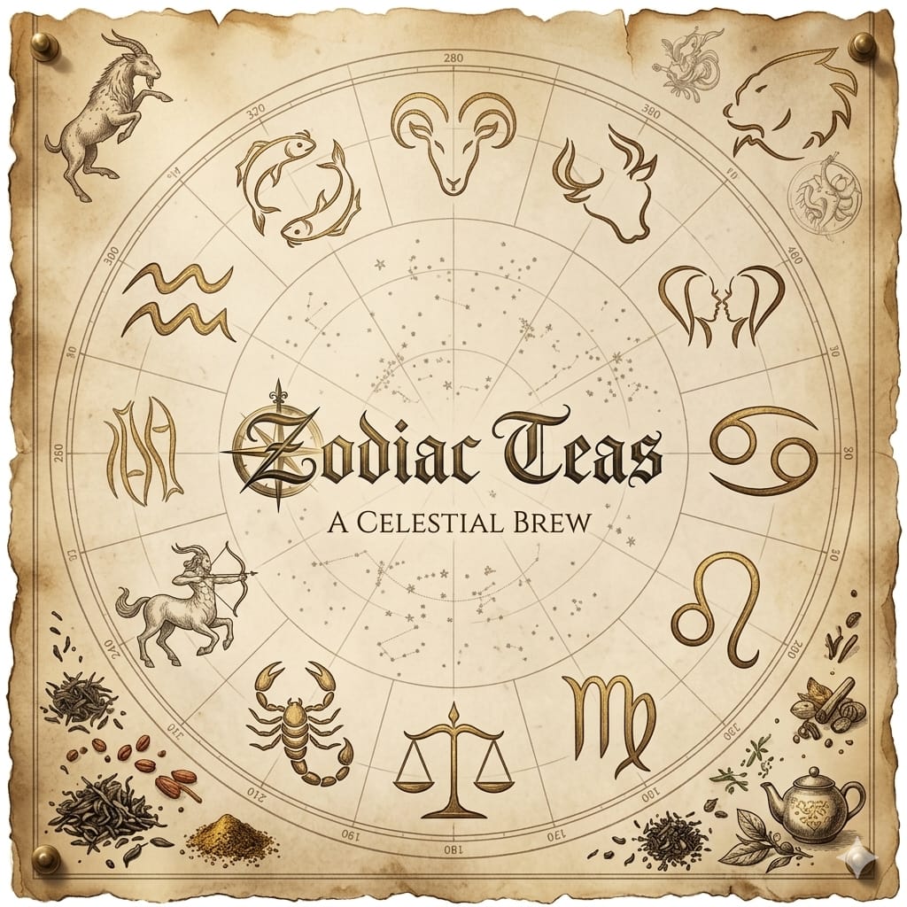 Zodiac signs on a celestial map with 'Zodiac Teas' branding.