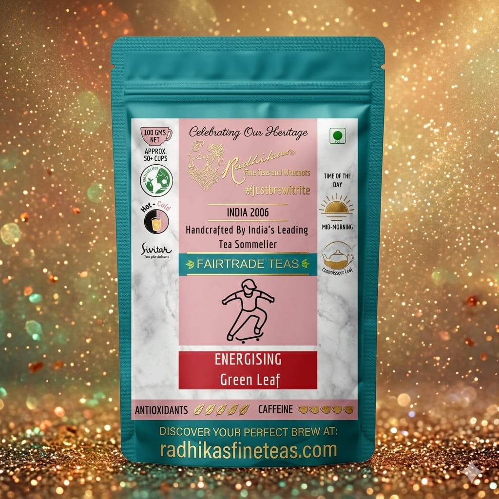 Tea package with a colorful label on a glittery gold background