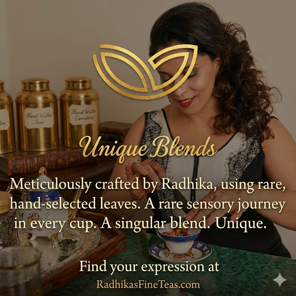 Woman enjoying tea with text about 'Unique Blends' and Radhika's tea-making process.