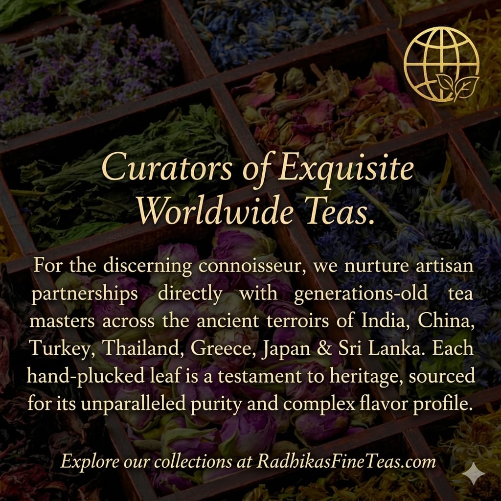 Tea leaves in wooden trays with text about tea curators and partnerships with tea masters.